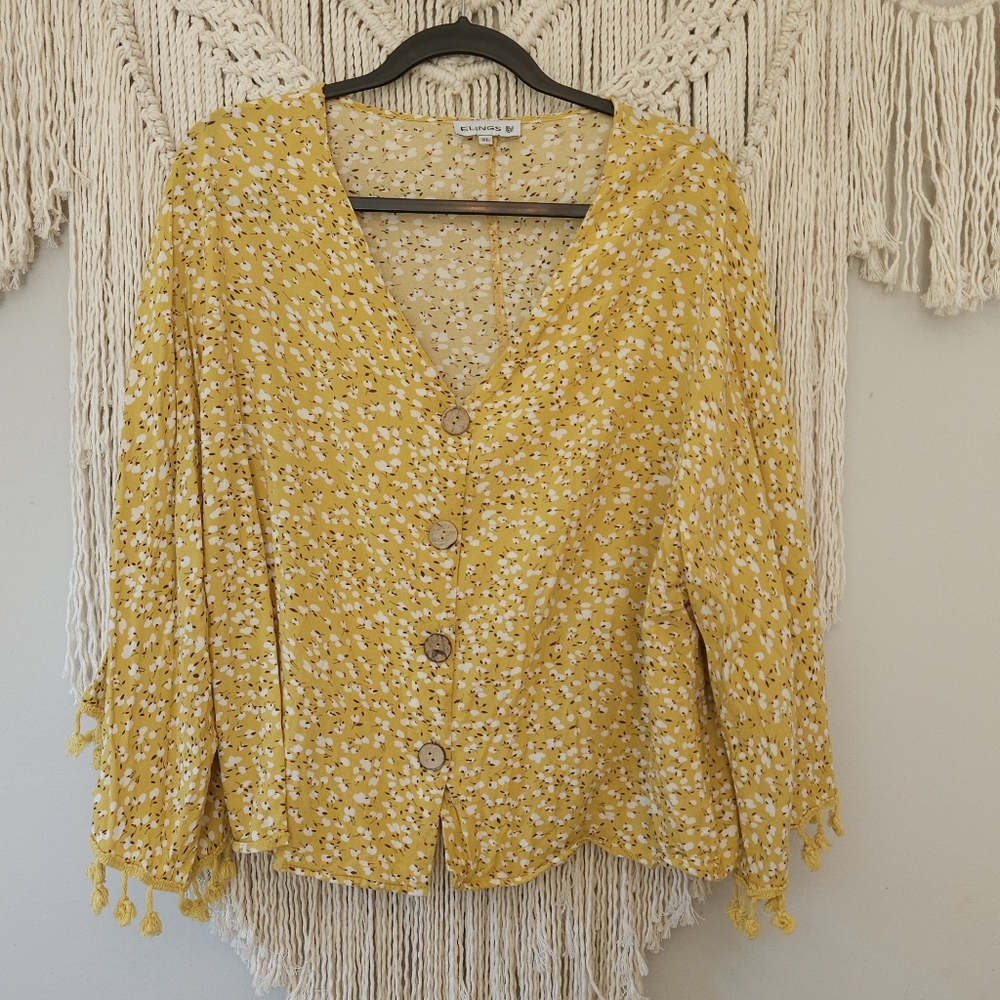 Boho Tassel Yellow V-Neckline Floral Button Up 3/4 Sleeves
